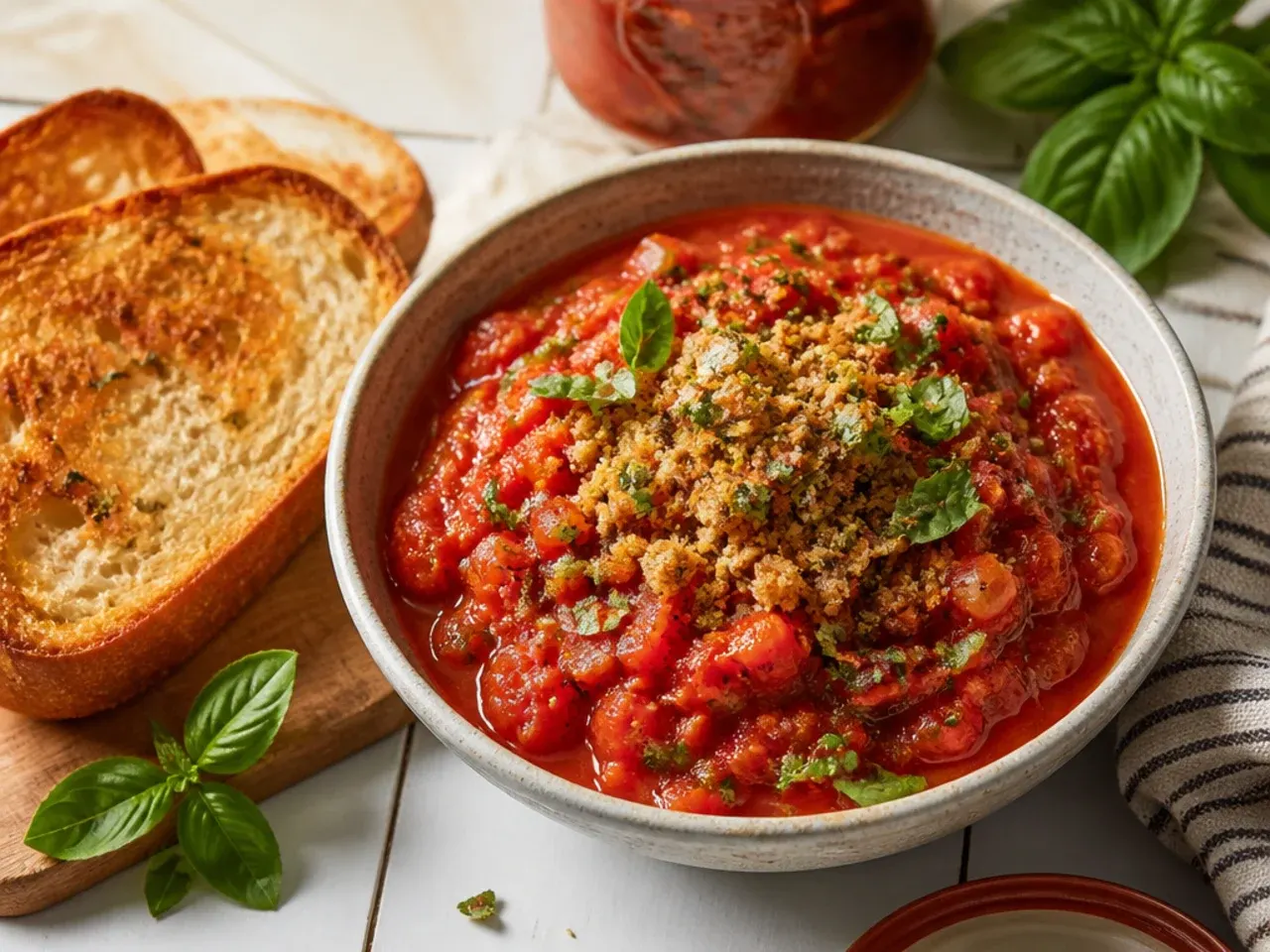 A pot of loosely simmered, brightly coloured salsa with a timer beside it