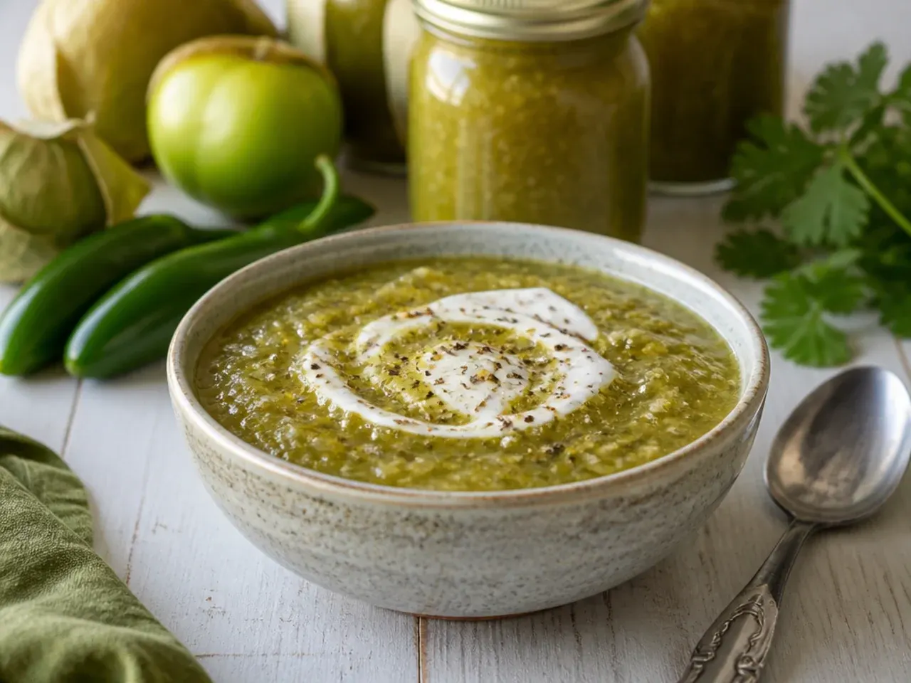 Husked green tomatillos and diced onion in a pot before simmering