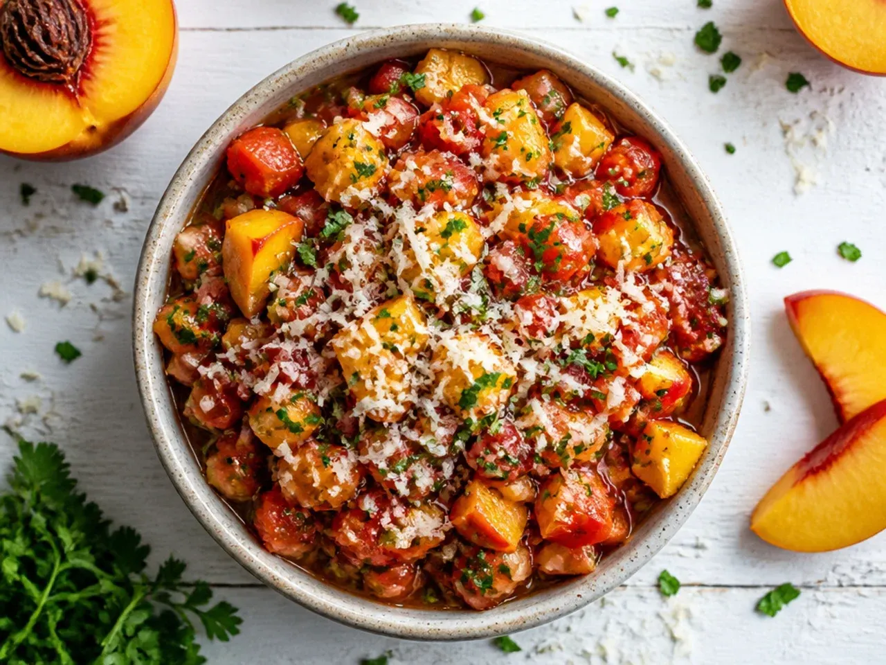 Diced peaches and tomatoes mixed together in a glass bowl