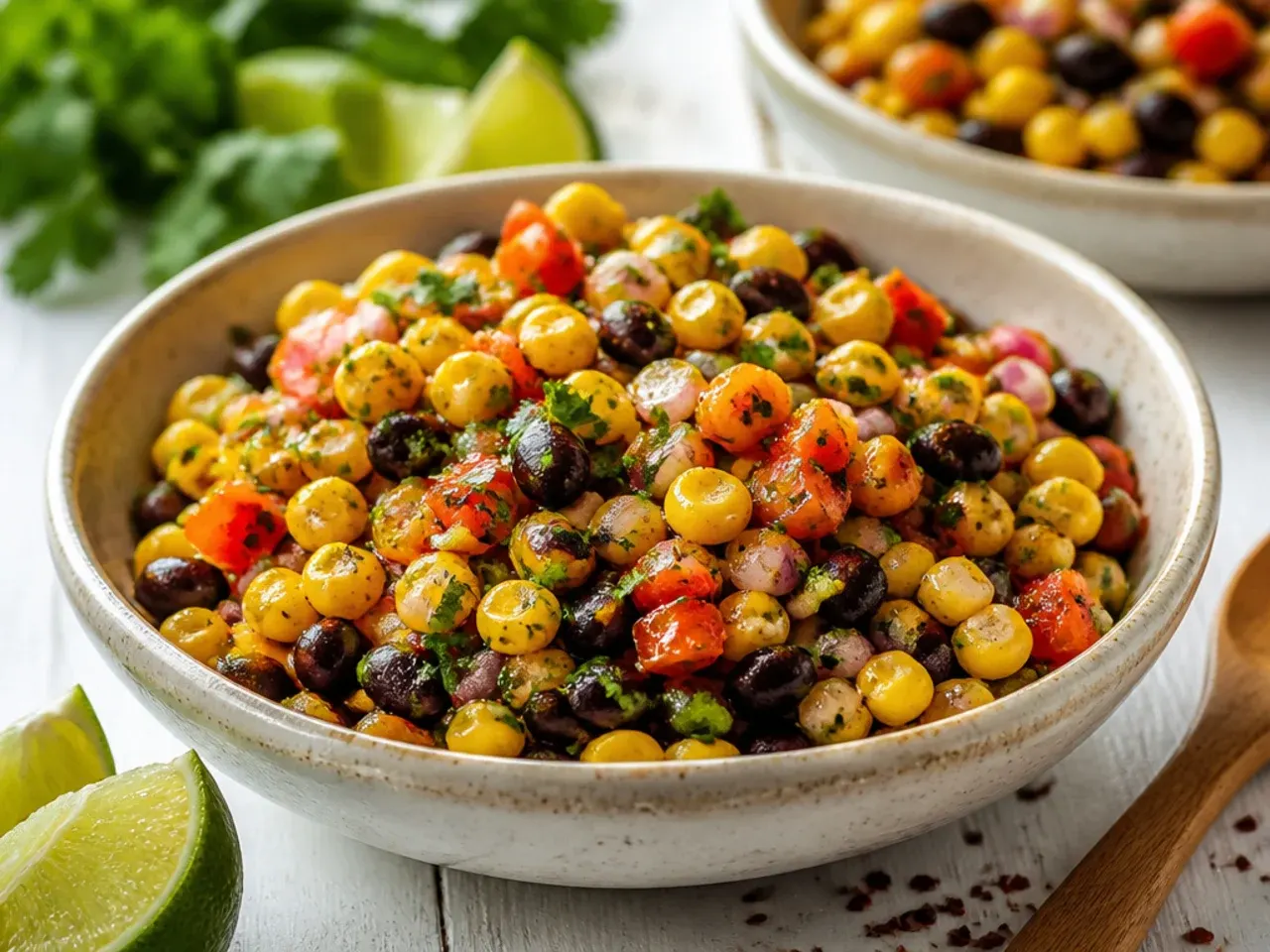 Sweet corn kernels and black beans stirred through a bowl of tomato salsa