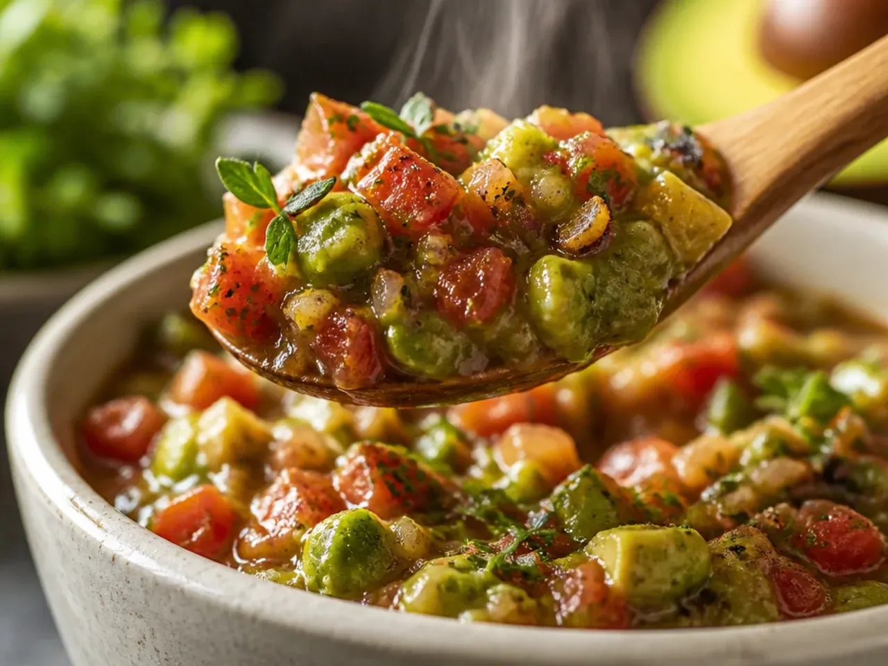 Diced avocado being folded into a bowl of red salsa