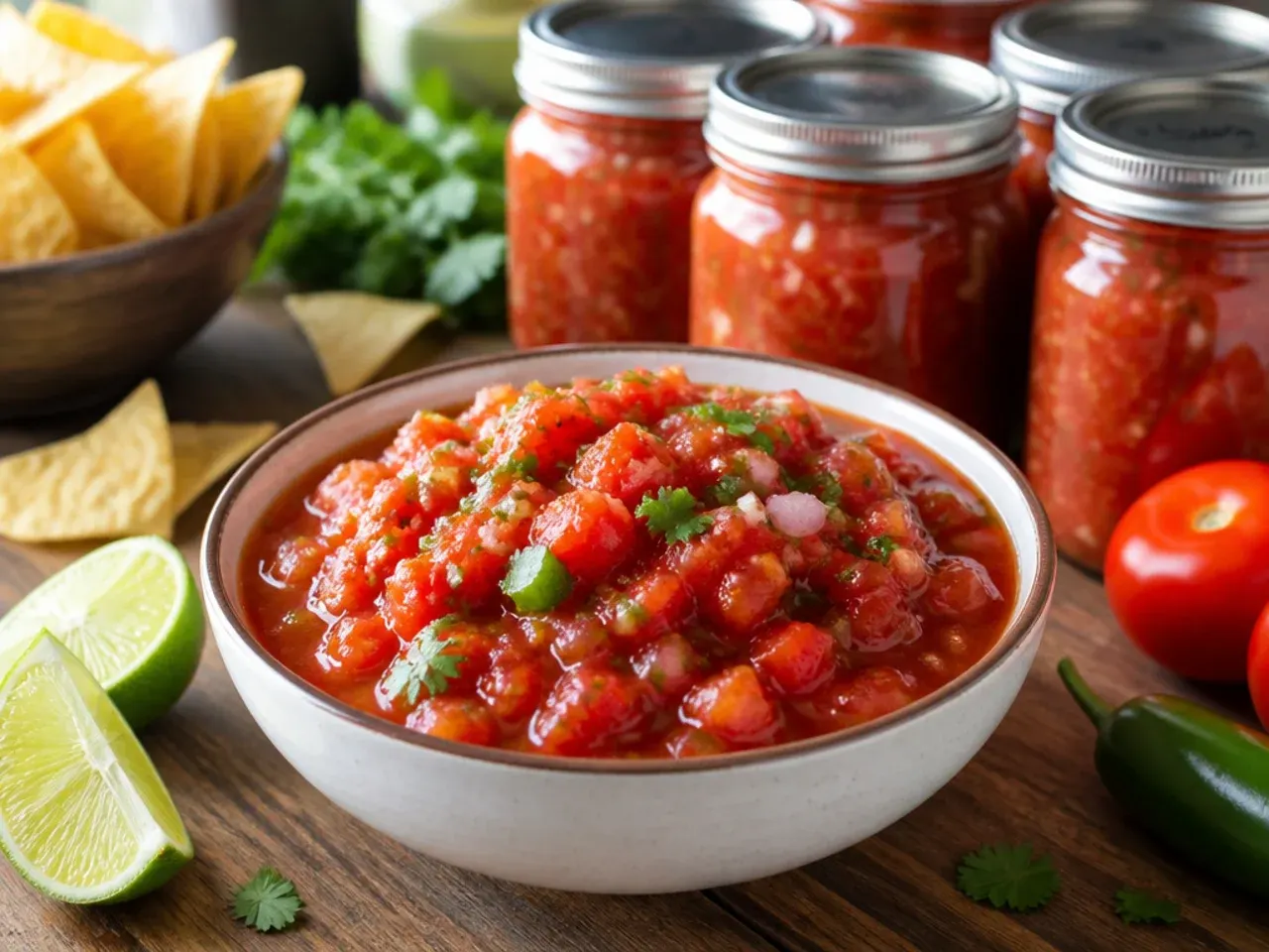 A bowl of canned salsa served with tortilla chips on a wooden board