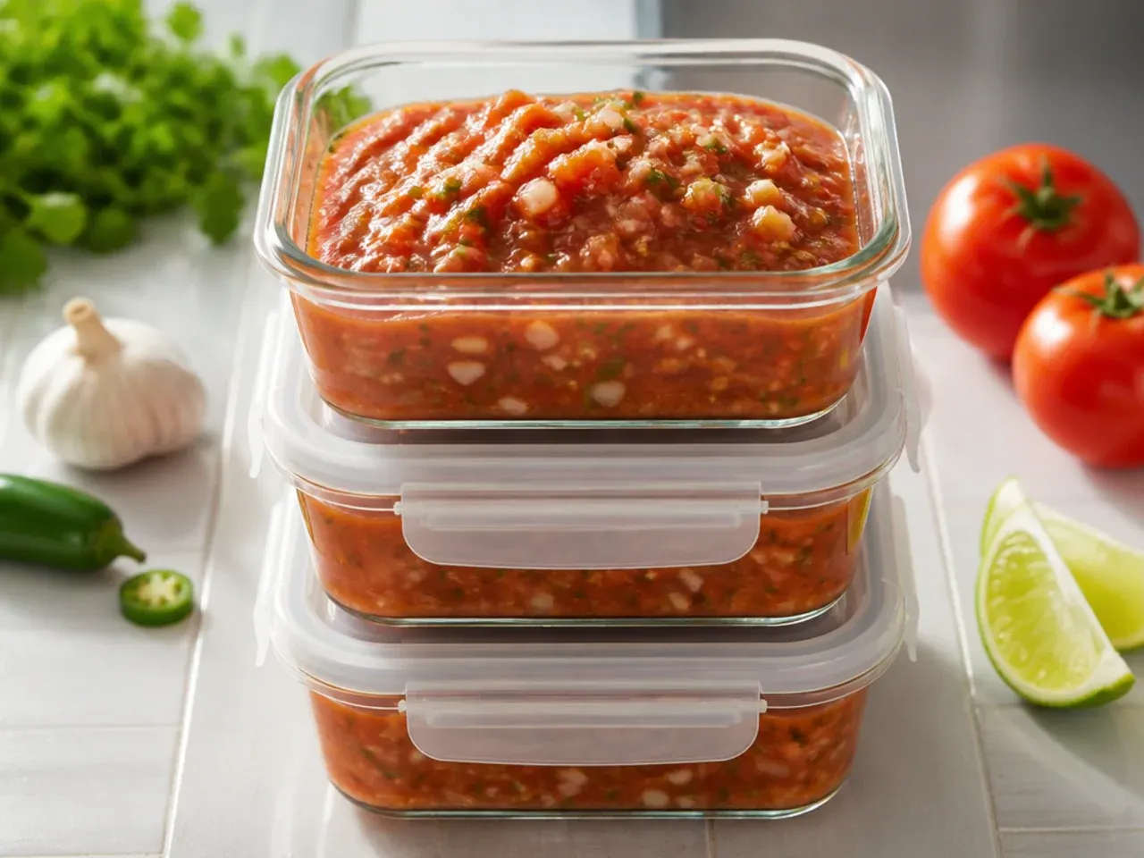 Labelled salsa jars lined up on a dark pantry shelf