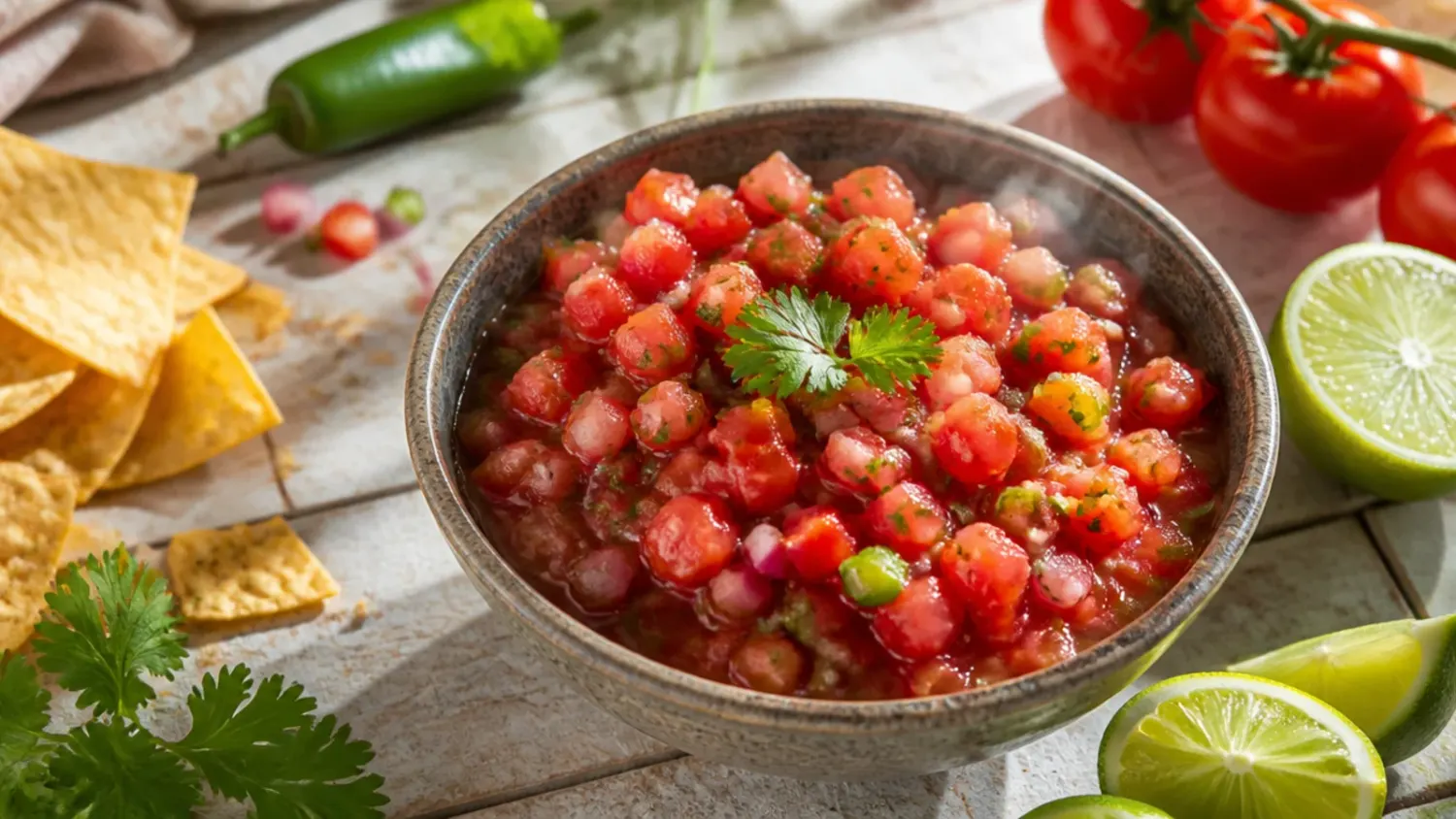 Bowl of fresh chunky tomato salsa with diced onion, jalapeño, and cilantro, served with tortilla chips