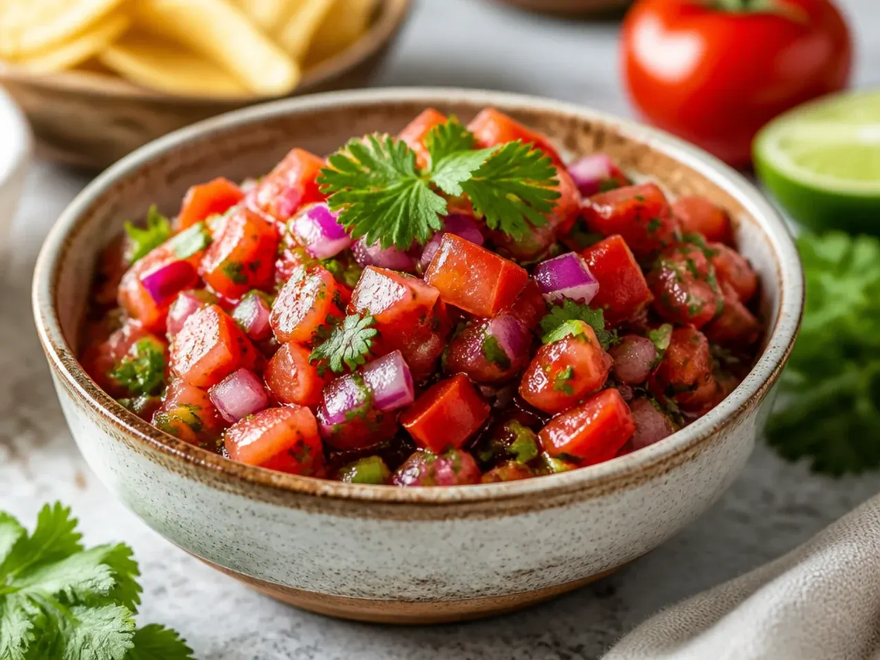 Overhead shot of ingredients for fresh tomato salsa laid out on a wooden board before chopping