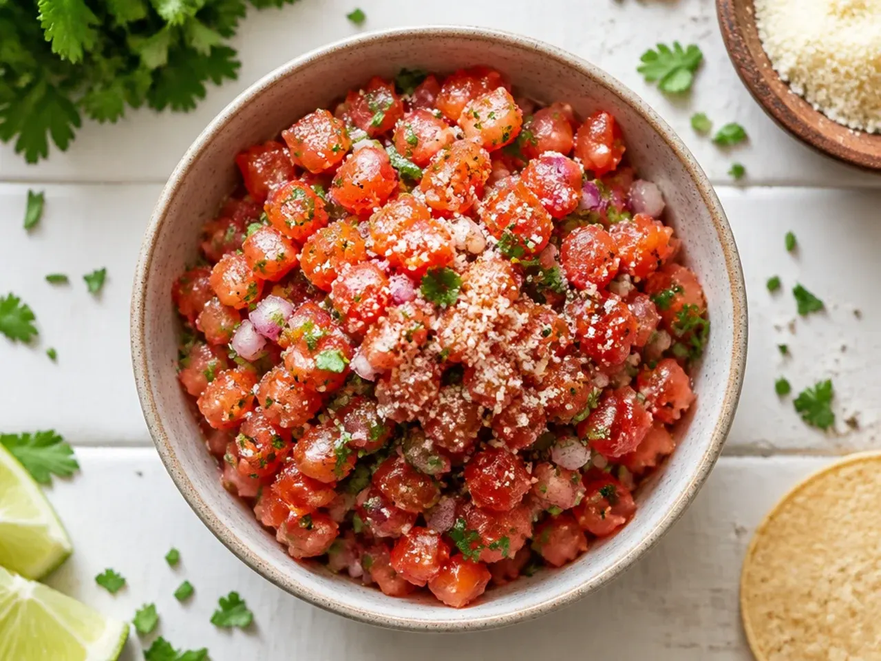 Close-up bowl of classic chunky pico de gallo with visible diced tomato, onion, and jalapeño