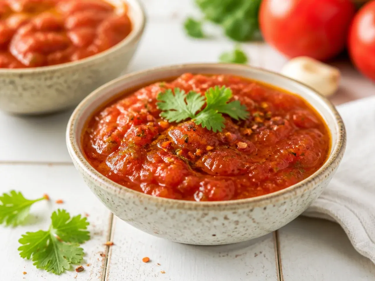 Food processor bowl filled with roughly pulsed tomato salsa