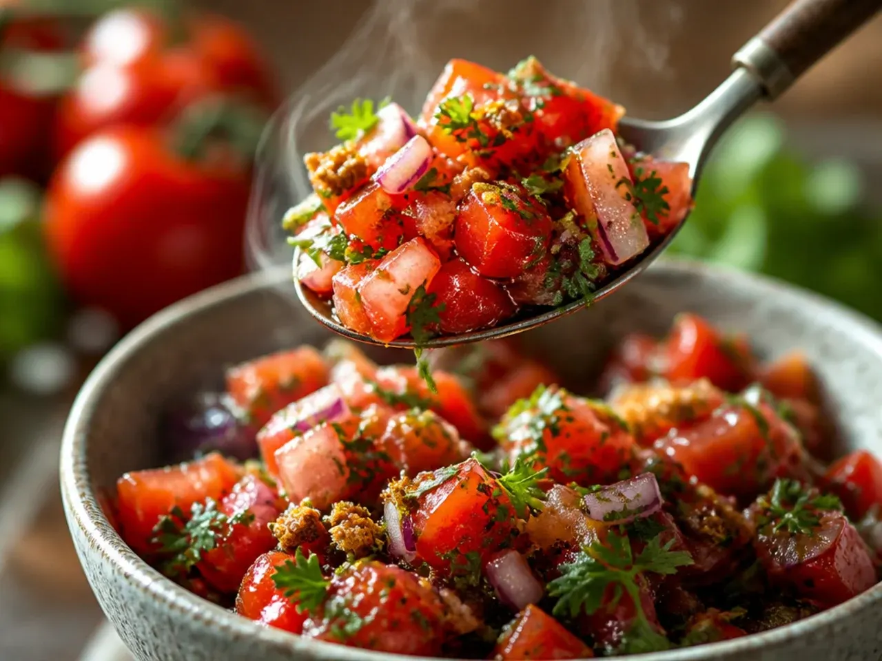 Colourful garden tomato salsa with torn basil leaves in a rustic bowl