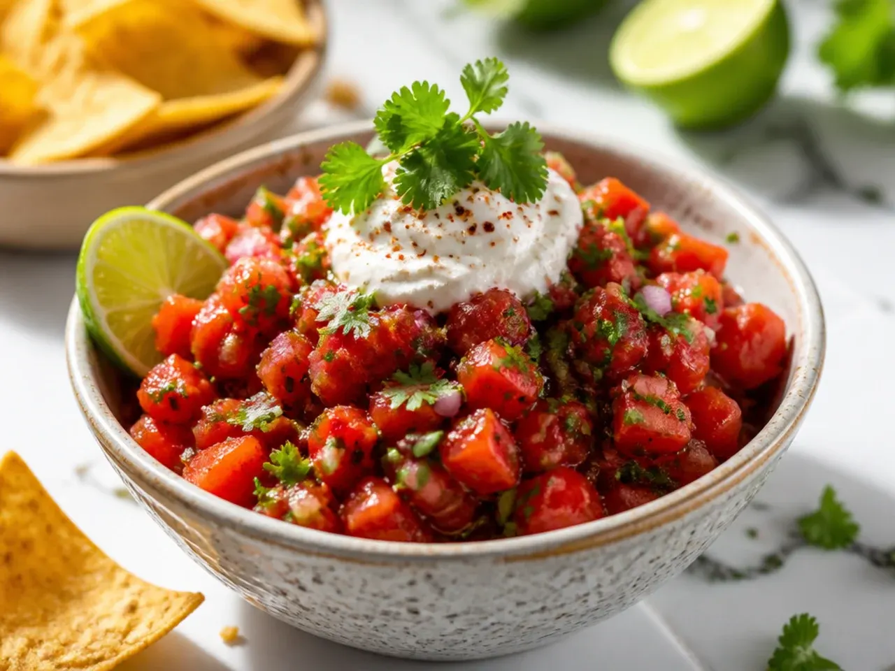 Zesty red chilli and lime salsa being spooned over grilled chicken