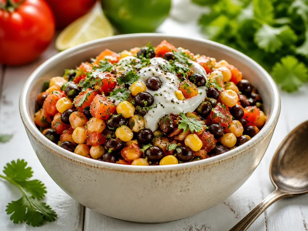 Hearty black bean and corn salsa in a large serving bowl with tortilla chips alongside
