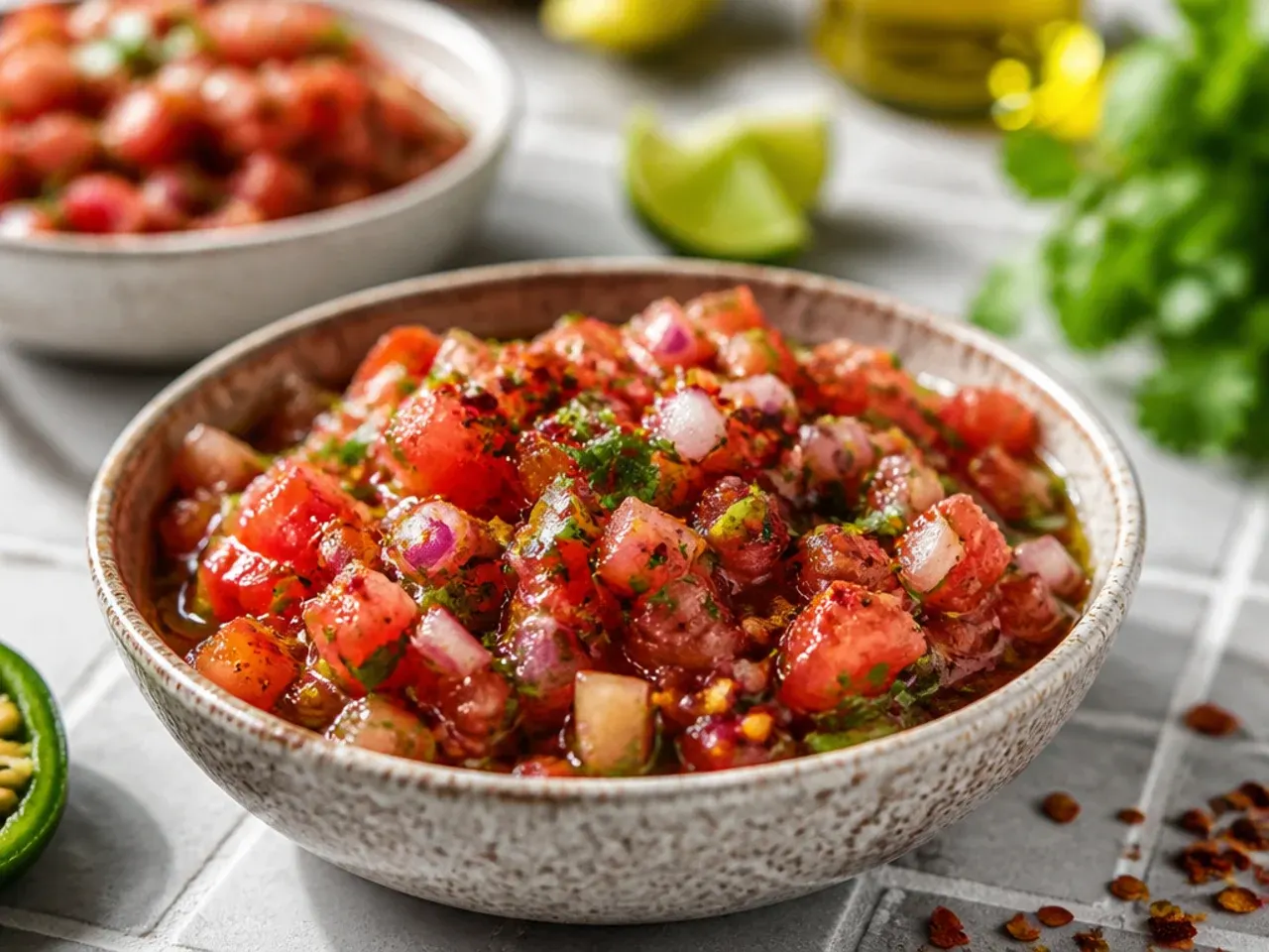 Fast weeknight salsa being scraped out of a food processor into a bowl
