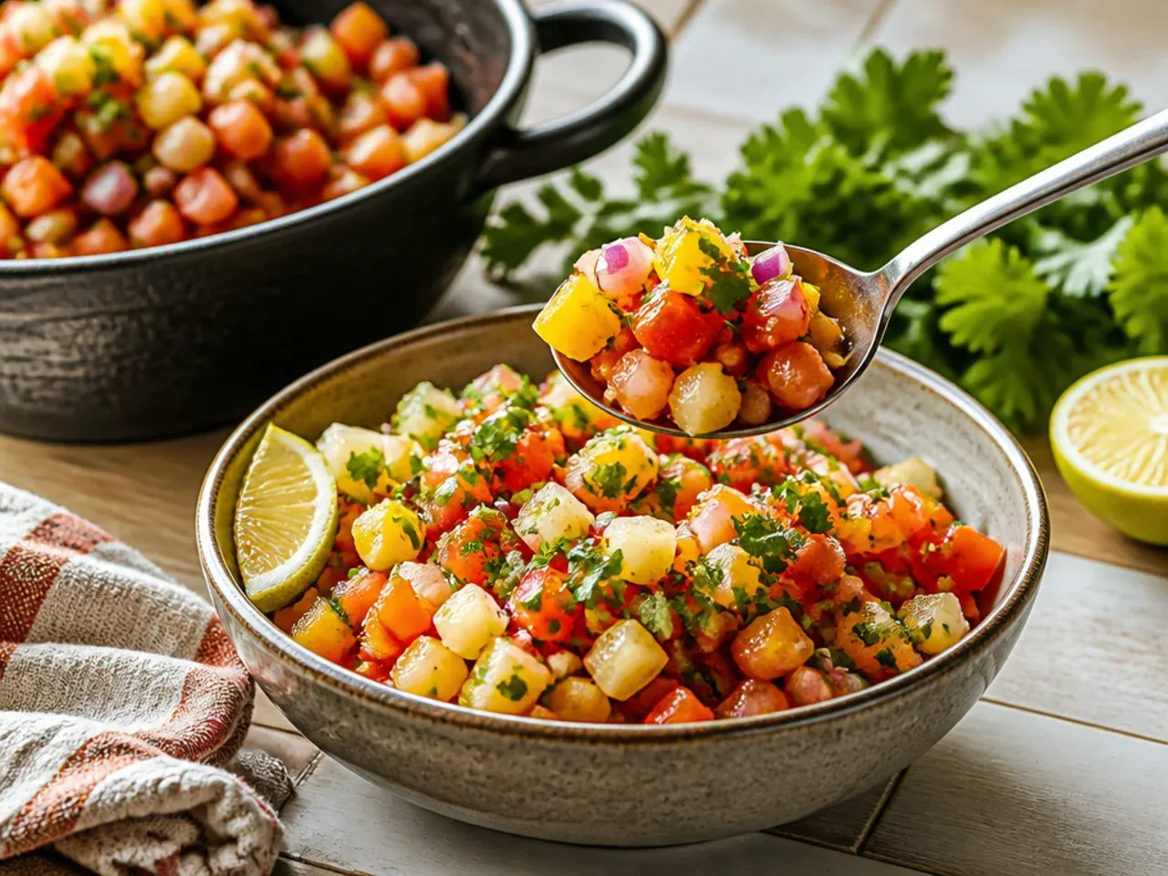 Colourful mango and pineapple salsa with tomato and jalapeño in a bowl