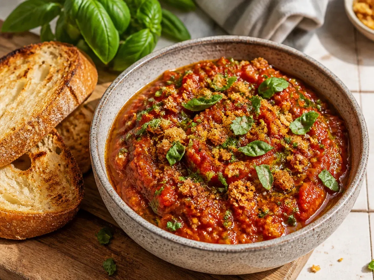 Restaurant-style thinner salsa in a molcajete bowl with a basket of tortilla chips
