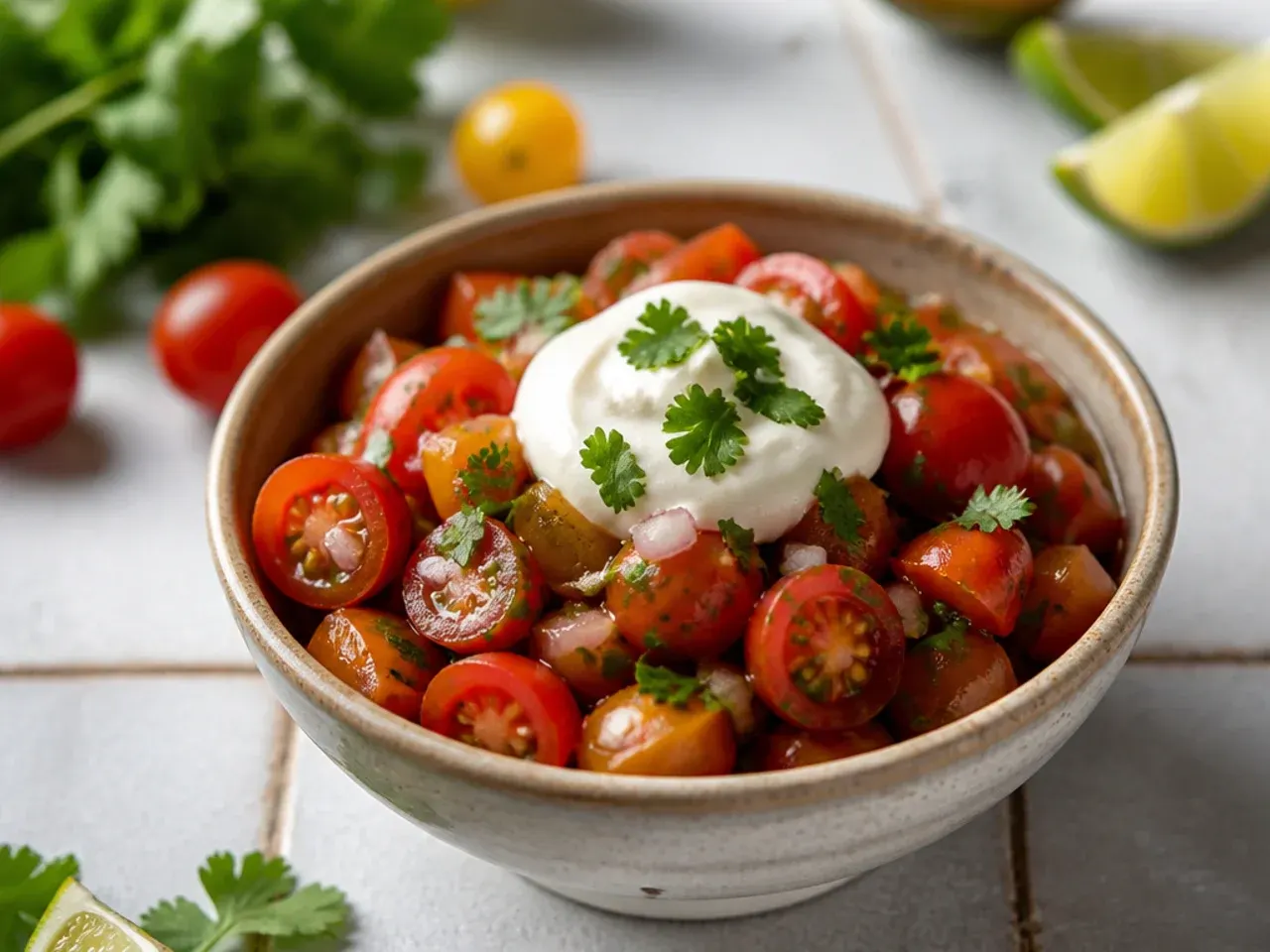 Quartered cherry tomatoes mixed into a fresh, glossy salsa