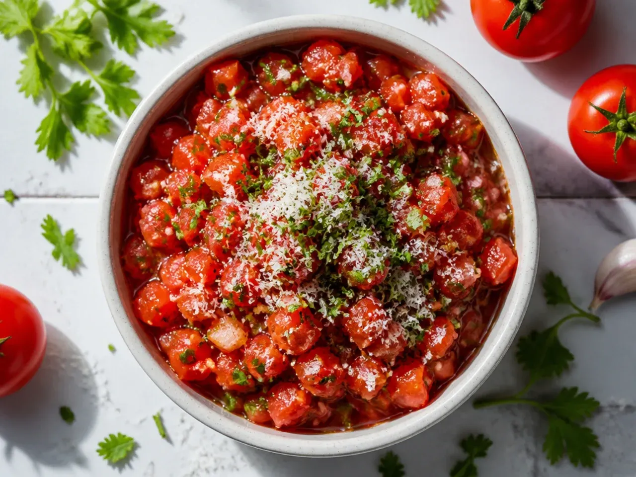 Sealed container of overnight-marinated salsa in the refrigerator
