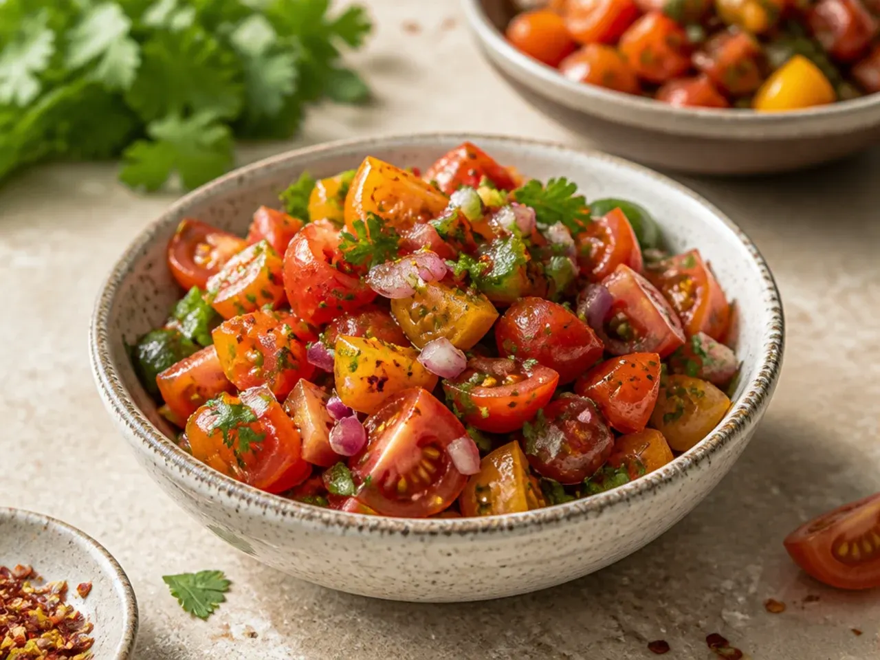 Multicoloured heirloom tomato salsa with red, yellow, and green pieces