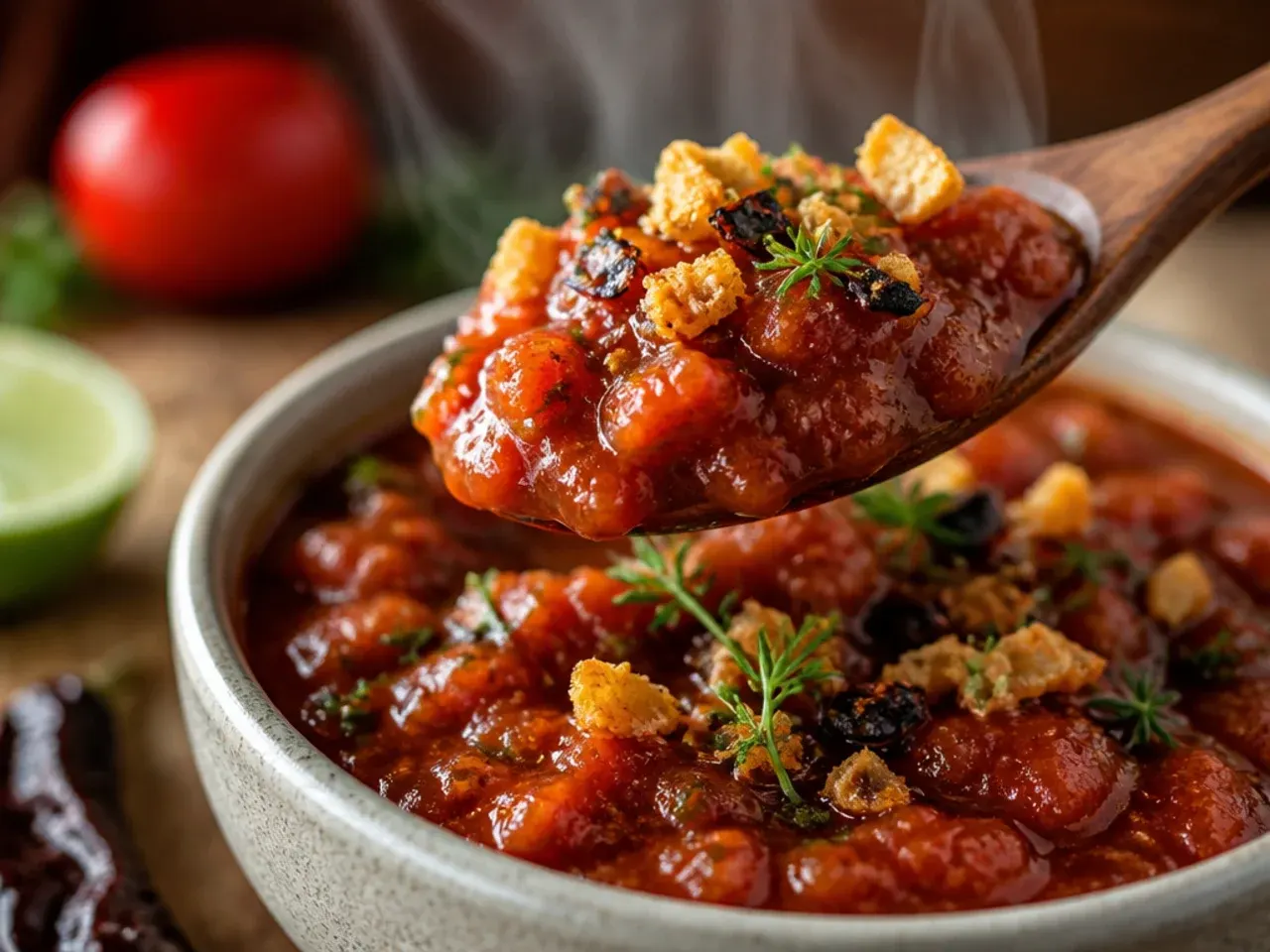 Smoky chipotle tomato salsa in a small bowl with visible flecks of adobo sauce