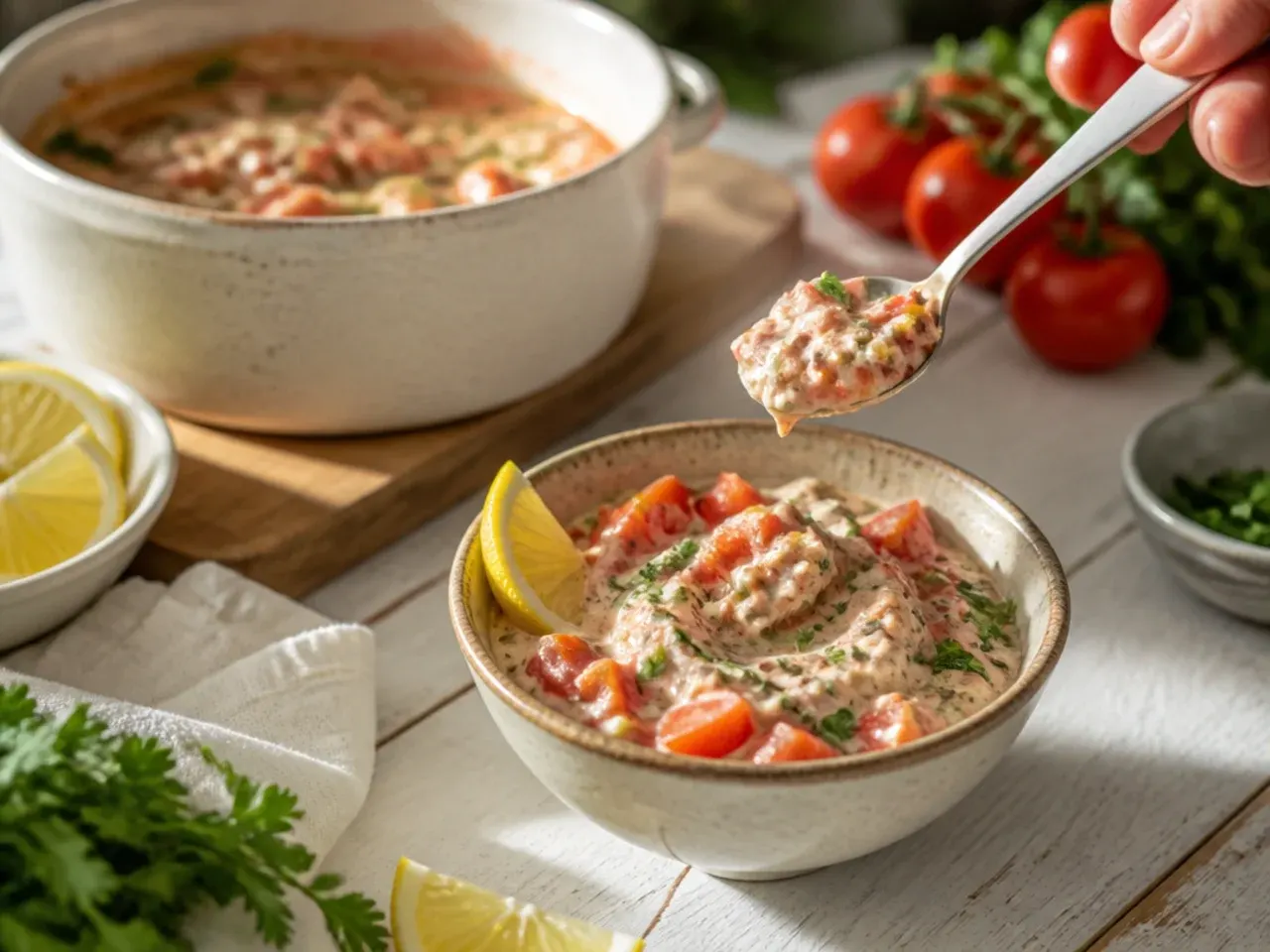 Creamy yoghurt-based tomato salsa dip with a swirl visible on top