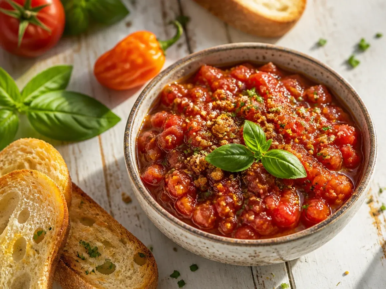 Fiery habanero tomato salsa with a whole habanero pepper beside the bowl