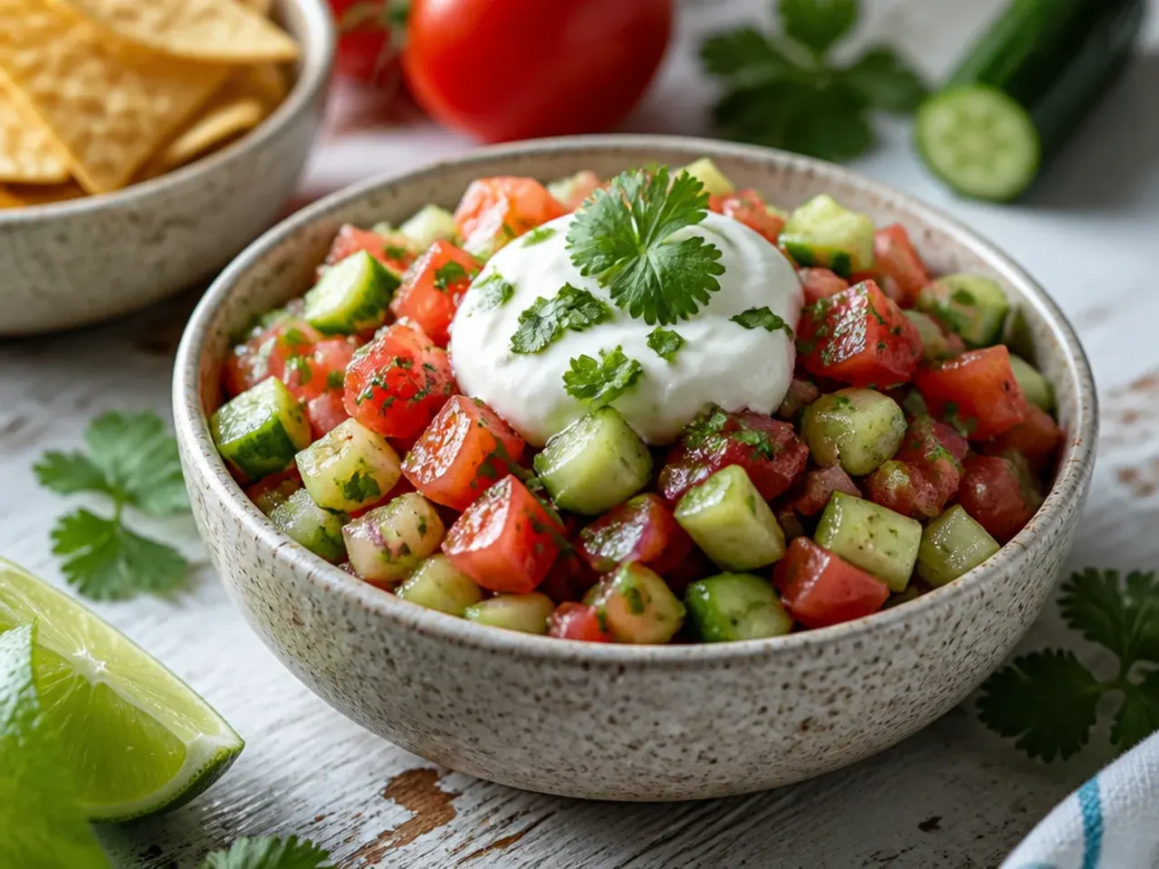 Fresh cucumber and tomato salsa with visible diced cucumber pieces