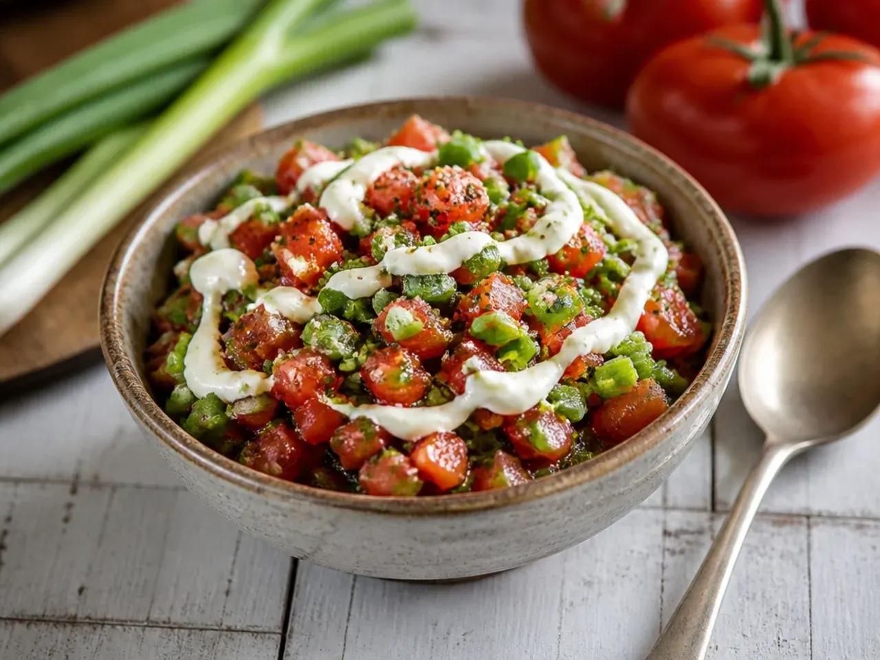 Fresh tomato salsa with finely sliced green and white spring onion pieces