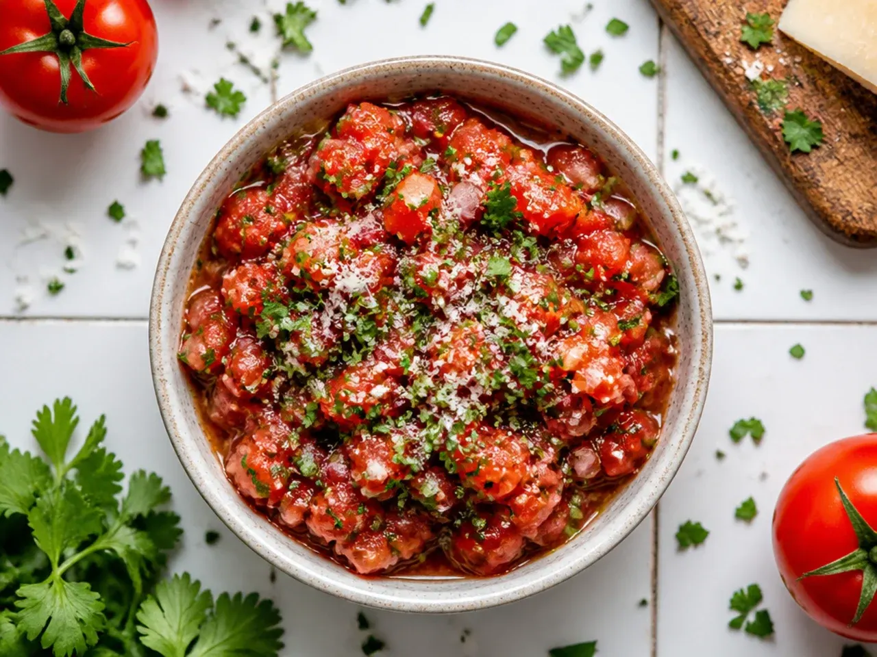 Two bowls of salsa, one chunky and one smooth, next to a spread of tacos