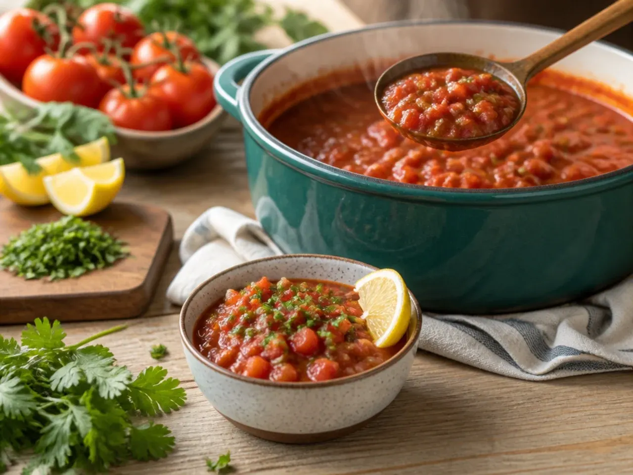 Large family-sized bowl of Roma tomato salsa ready for a gathering