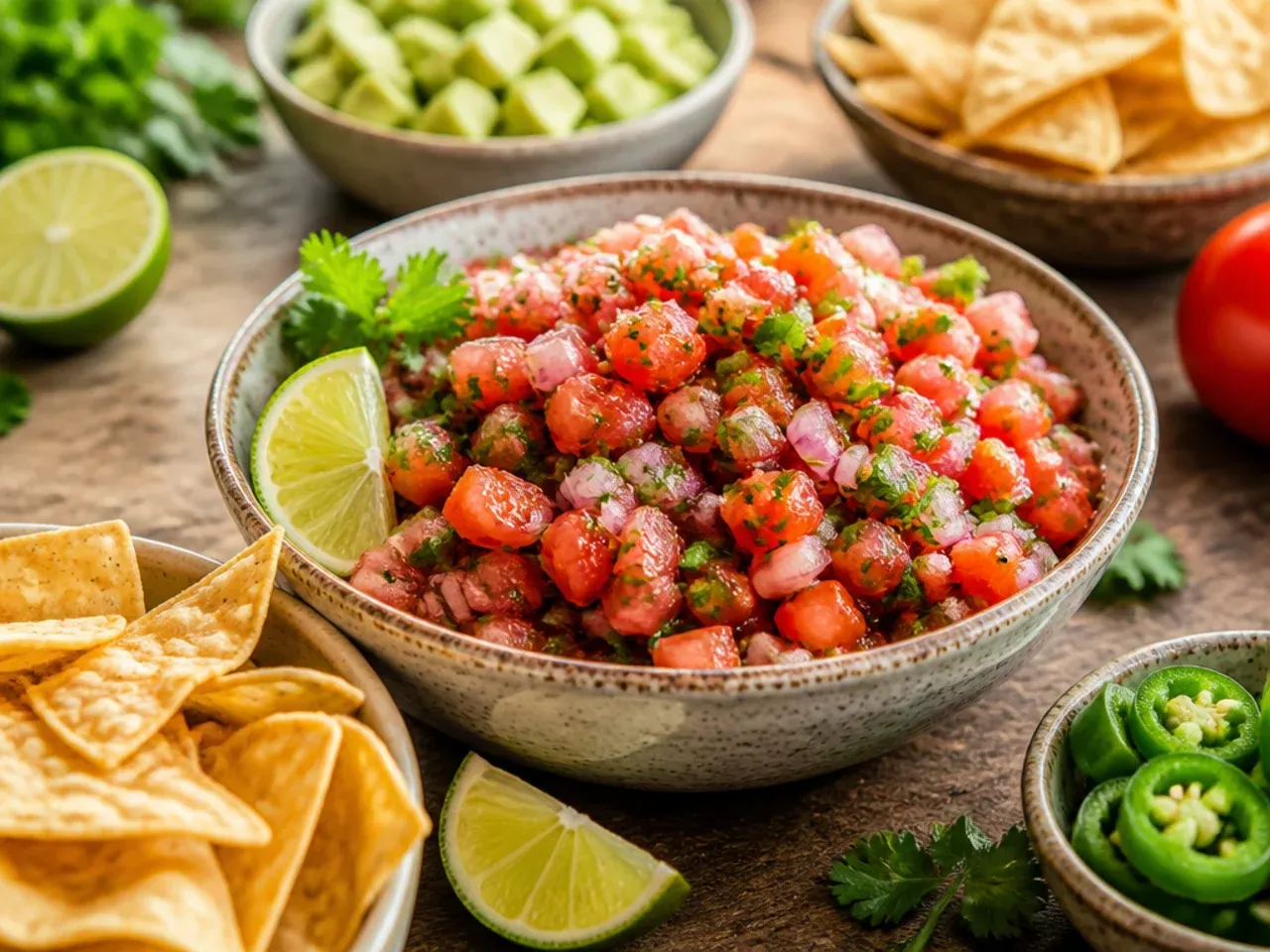 Bowl of fresh tomato salsa served alongside tortilla chips, tacos, and grilled chicken