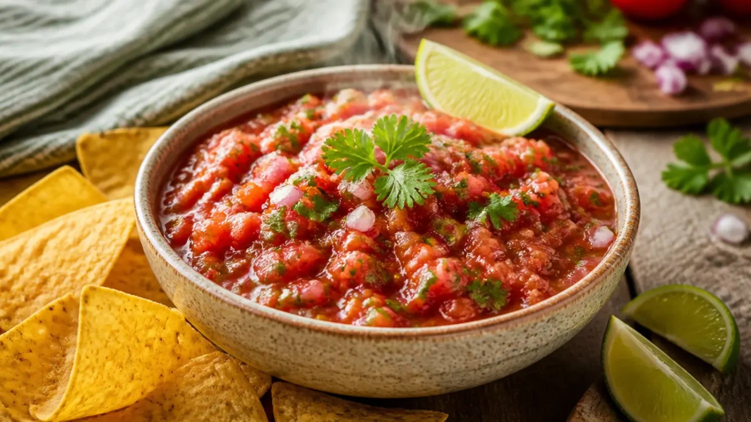 Bowl of chunky red tomato salsa with cilantro and lime wedges, surrounded by tortilla chips