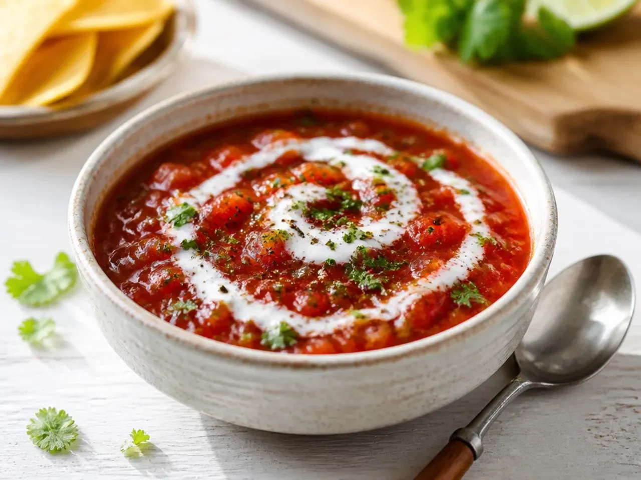Overhead shot of a bowl of fresh salsa next to tomatoes, onion, lime, and cilantro on a wooden board