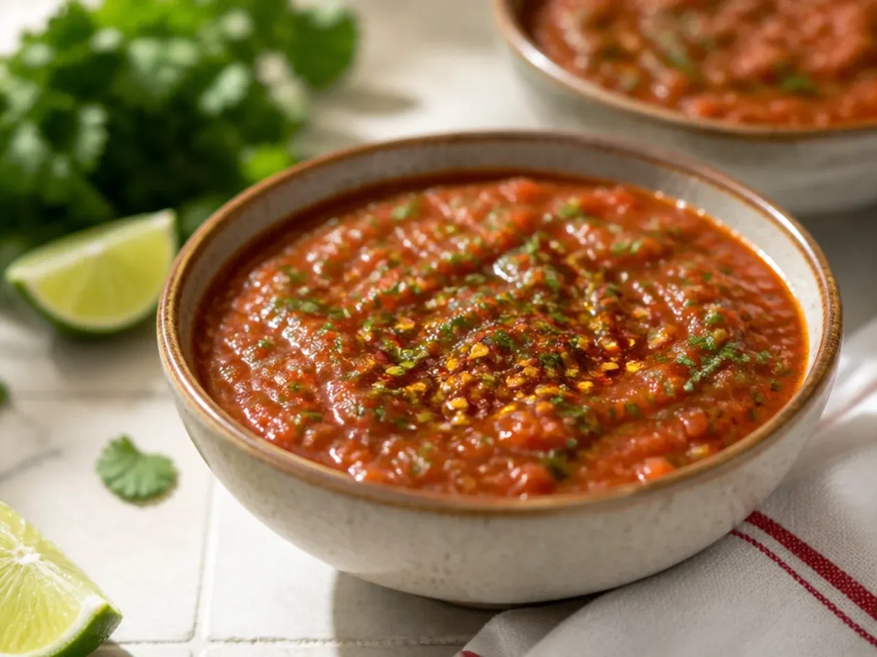 Blender jug filled with roughly chopped tomatoes, onion, and cilantro before pulsing into salsa