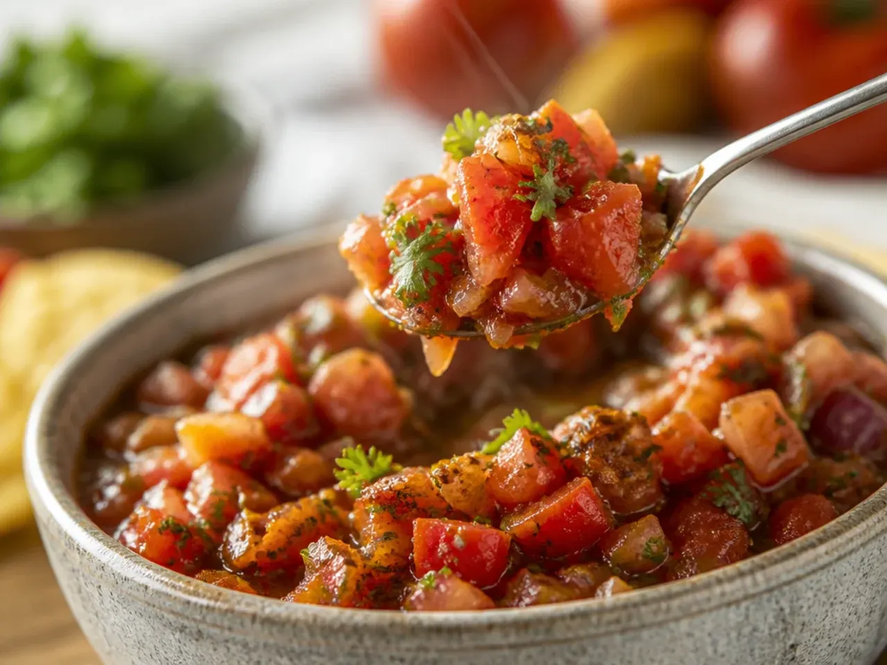 Diced fresh garden tomatoes, onion, and jalapeno in a glass mixing bowl