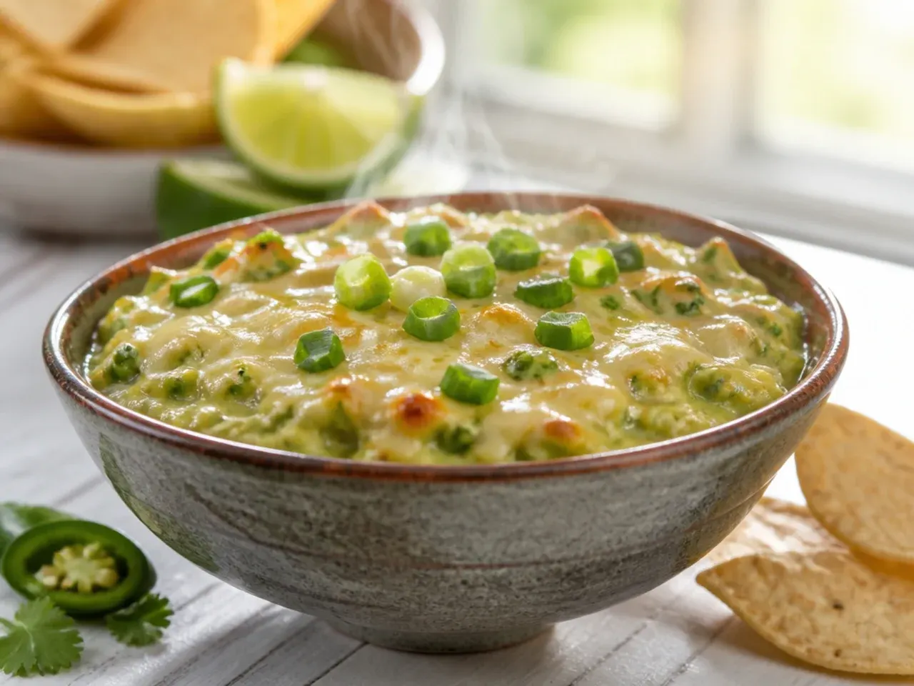 Creamy pale green avocado salsa in a bowl with a lime wedge on the side