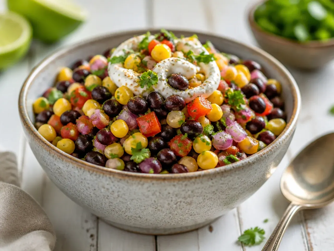 Salsa loaded with black beans and sweetcorn kernels in a rustic bowl