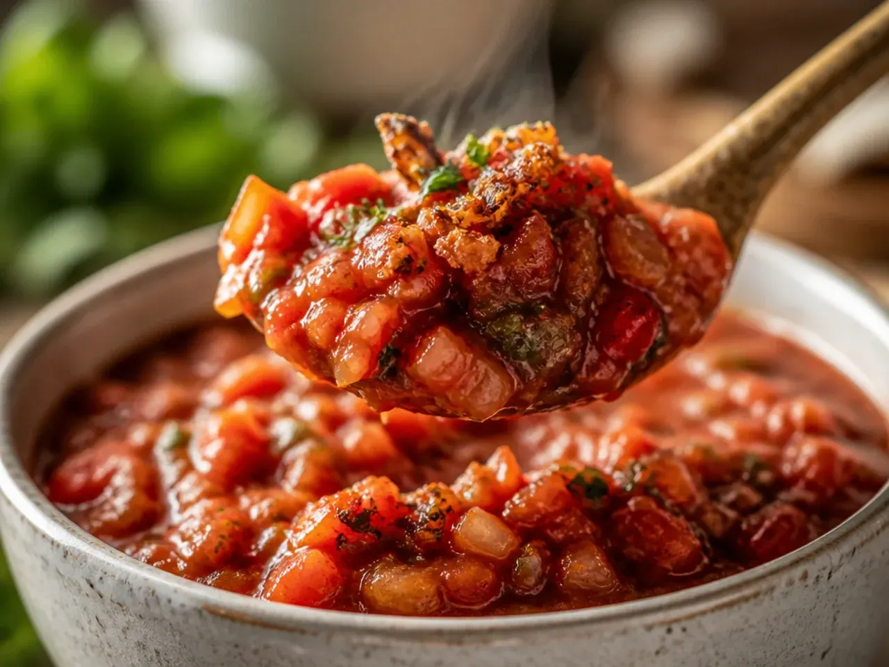 Rustic hand-chopped chunky salsa with visible large pieces of tomato and onion