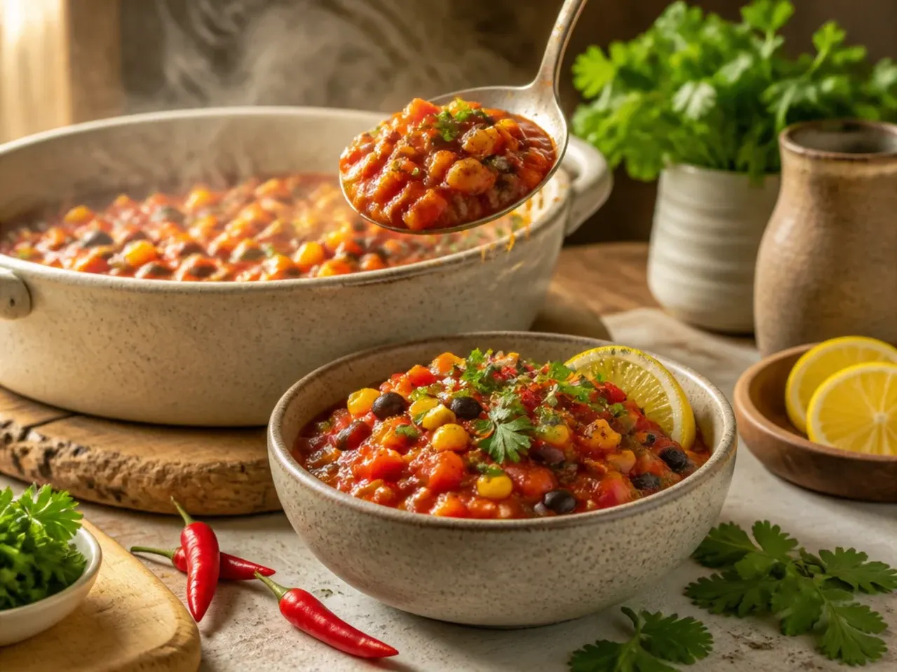 Colourful loaded salsa with diced red pepper and charred sweetcorn on a nacho platter