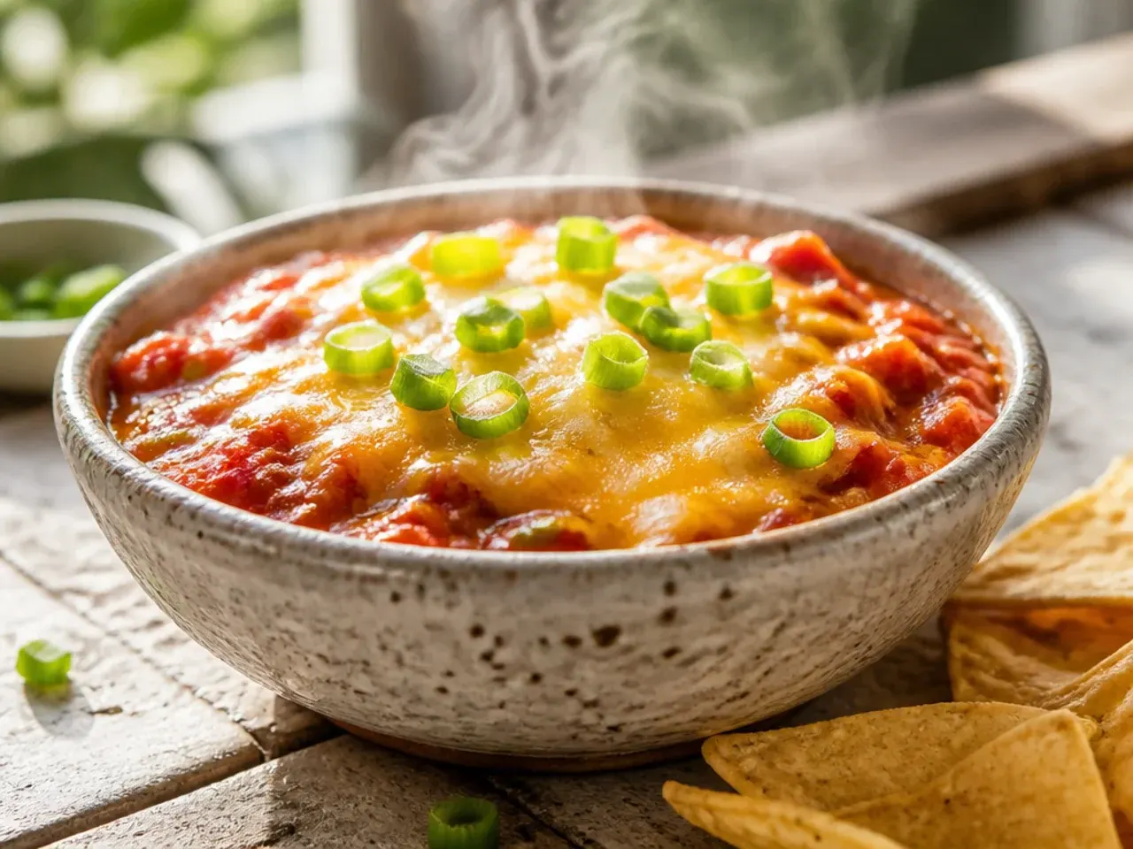 Mild family-friendly salsa in a bowl surrounded by tortilla chips for dipping