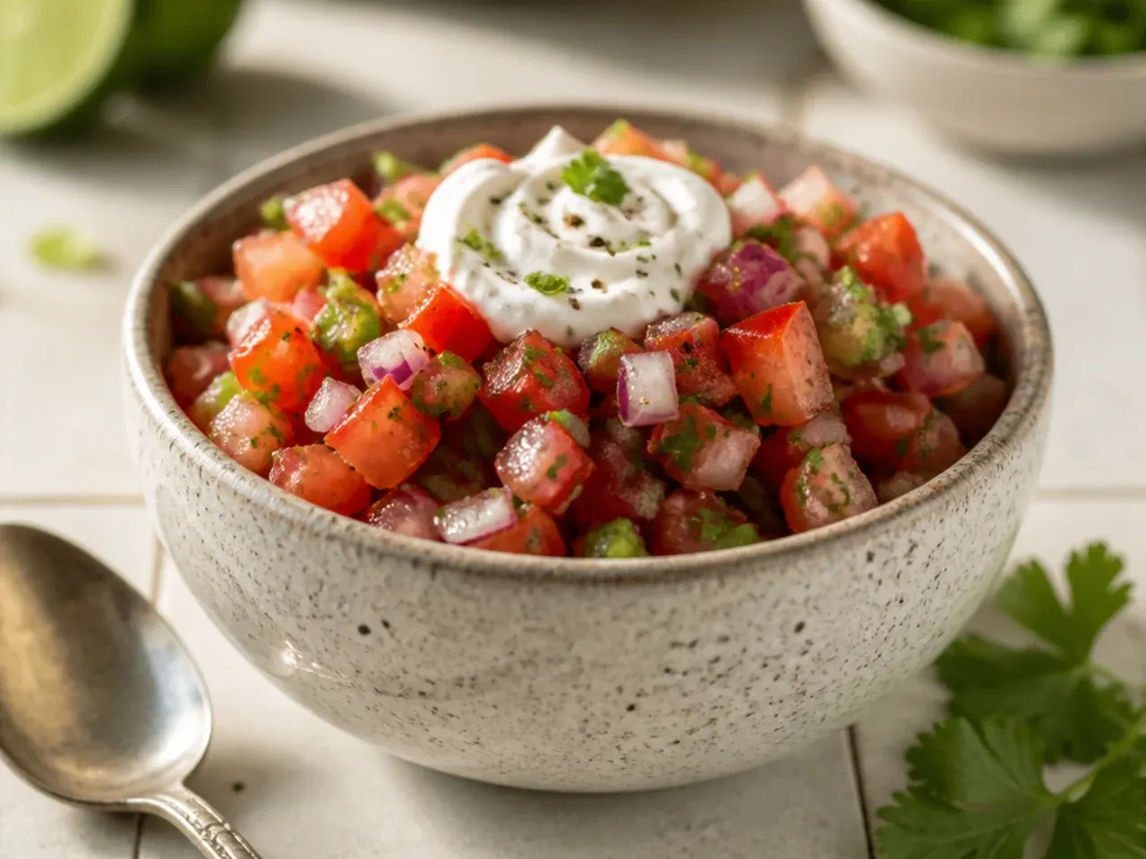 Finely diced fresh pico de gallo with visible small cubes of tomato and onion