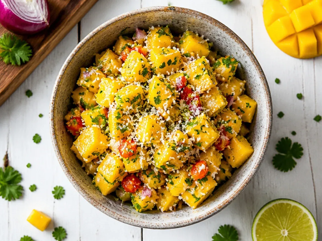 Bright orange mango salsa with diced mango, red onion, and cilantro