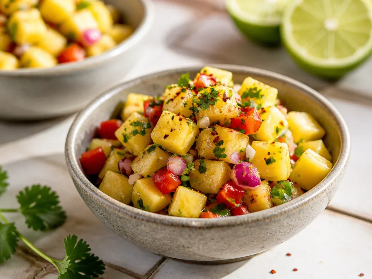 Golden pineapple salsa with charred grill marks visible on the diced pineapple
