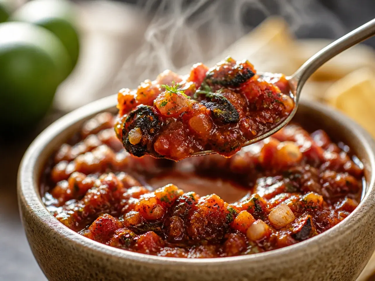 Smoky fire-roasted salsa with a charred whole jalapeno resting beside the bowl