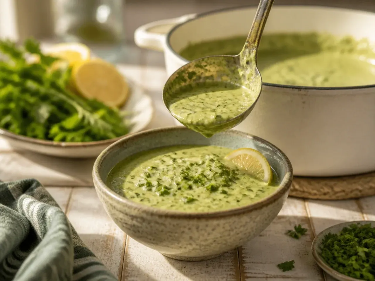 Bowl of pale green creamy salsa verde with a swirl of soured cream on top