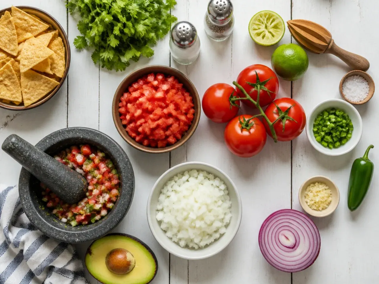 Close-up of hands squeezing a fresh lime wedge over a bowl of salsa