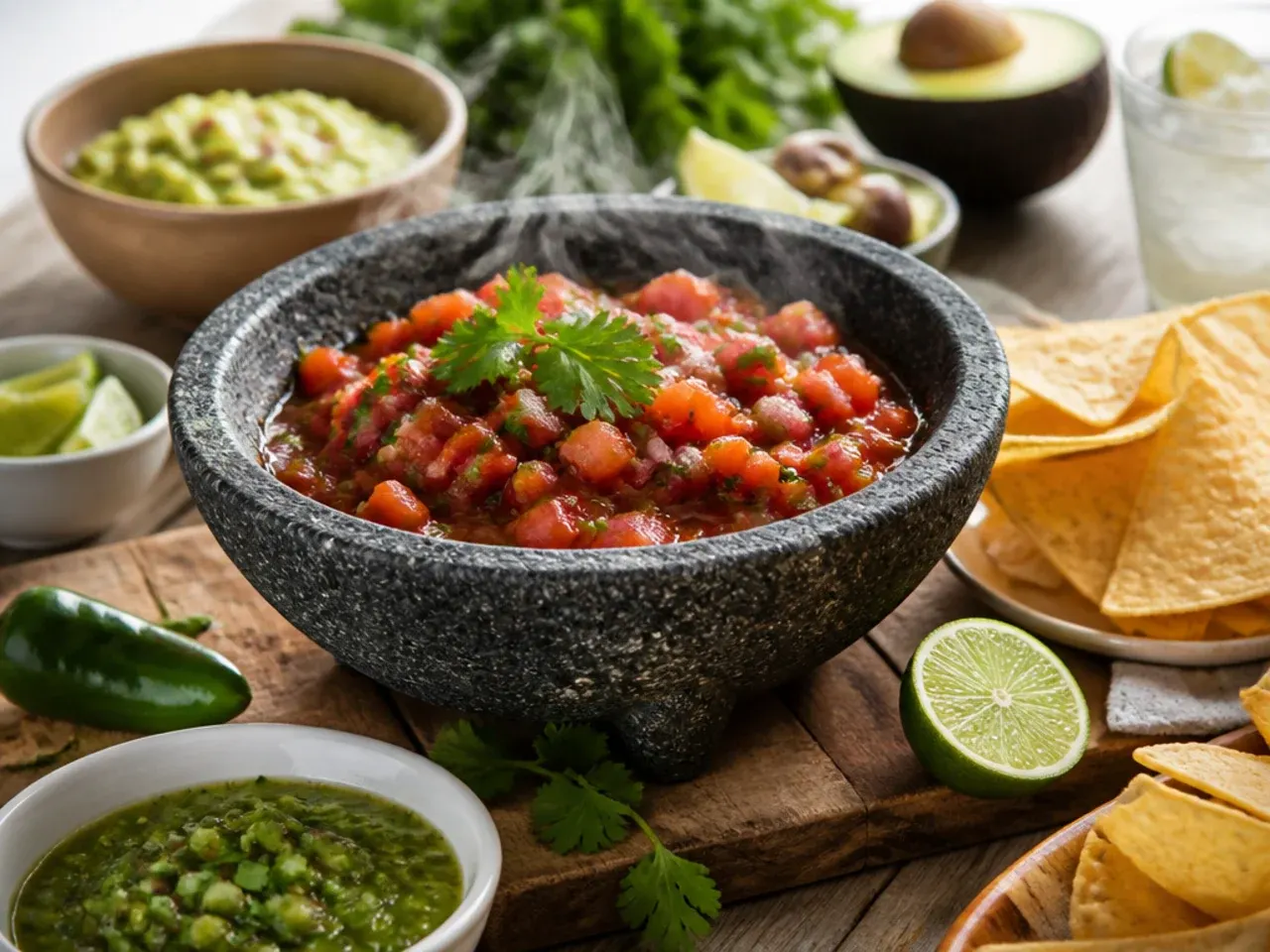 Spread of tortilla chips, tacos, and grilled chicken served alongside bowls of salsa