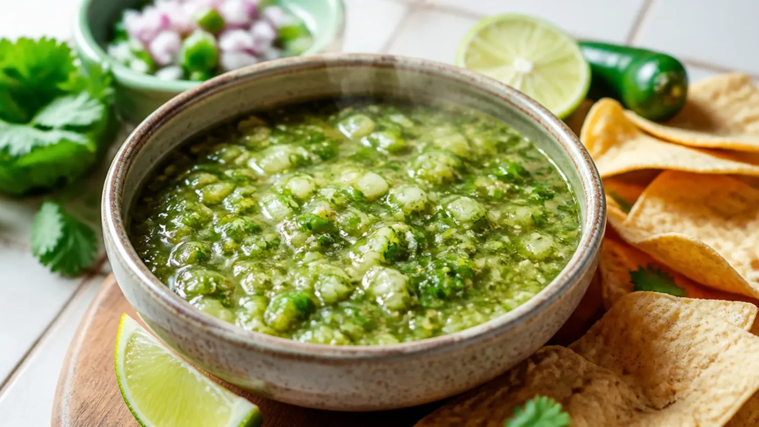 Bowl of homemade salsa verde with tortilla chips, lime wedges, and fresh coriander
