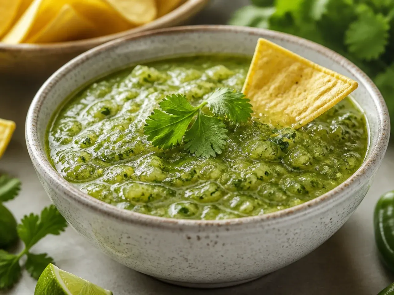 Bowl of bright green salsa verde with tortilla chips and lime wedges