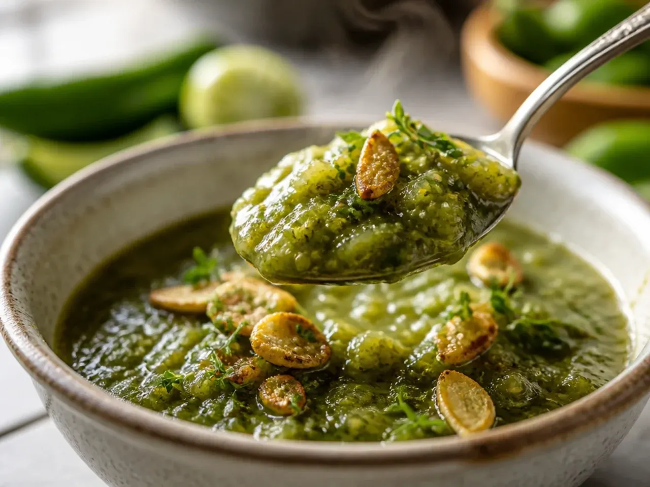 Raw green tomatillo salsa in a blender jug