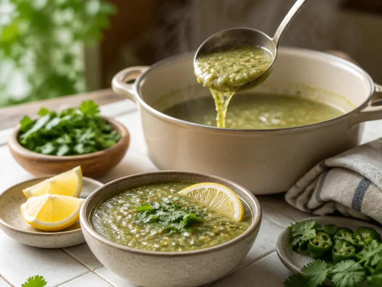Salsa verde simmering gently in a saucepan