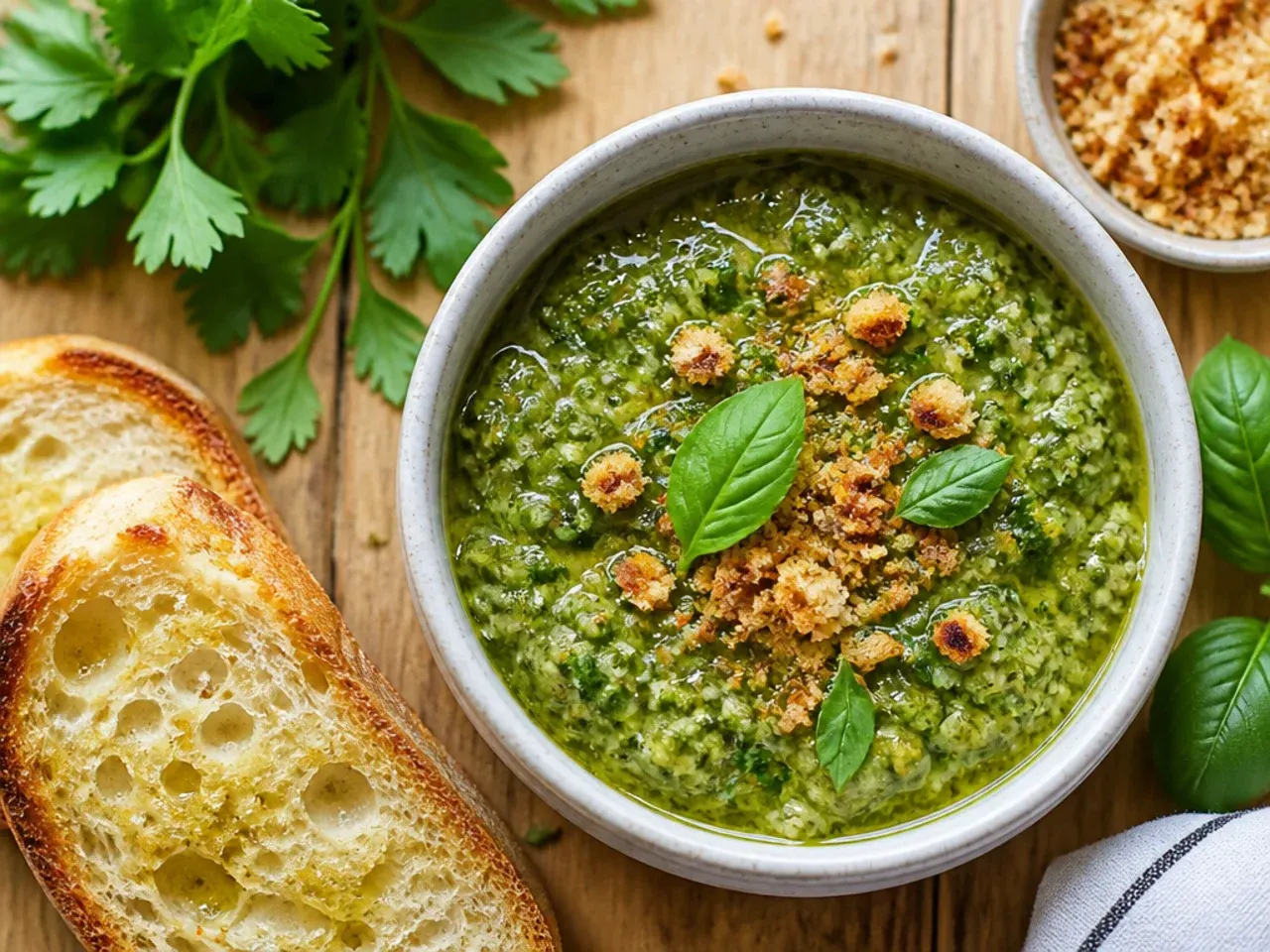 Five simple ingredients for salsa verde laid out on a chopping board