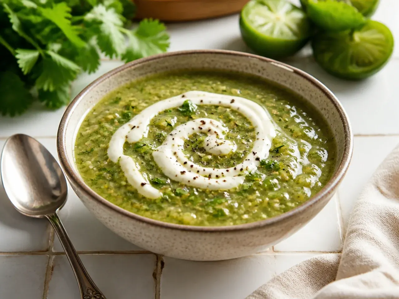 Wholesome salsa verde with fresh spinach and herbs nearby